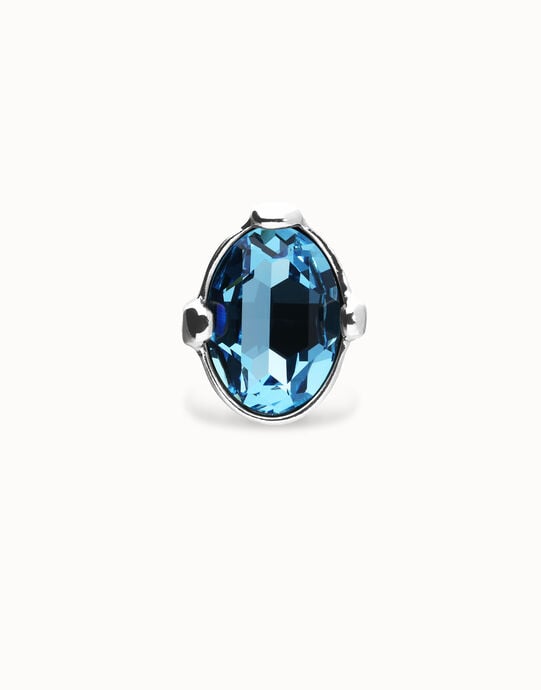 Anillo grande ba&ntilde;ado en plata con cristal facetado ovalado azul